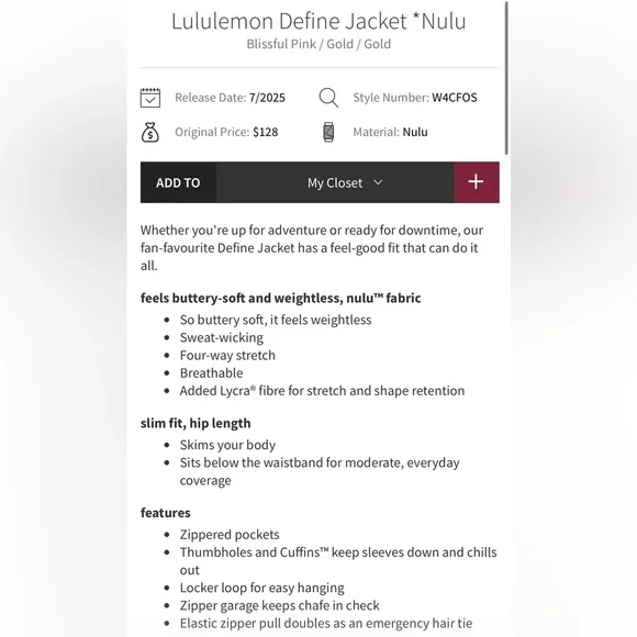 Lululemon NWT Define Jacket Full Zipper, zipper pocket Blissful Pink Gold 12 - Picture 8 of 15